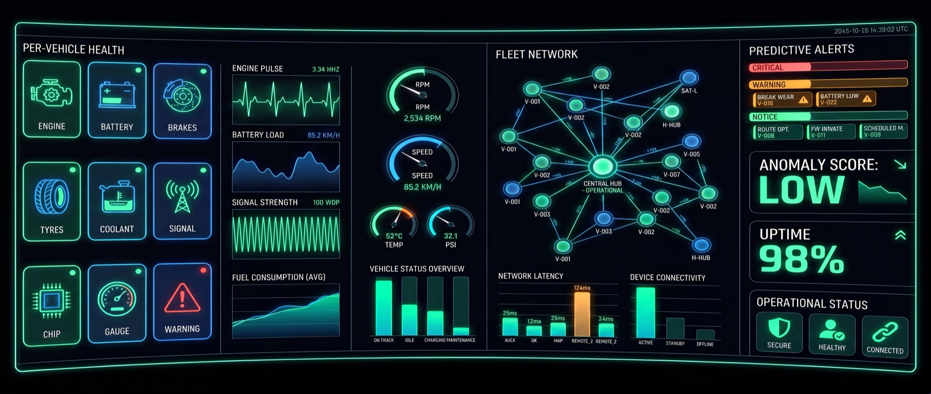 TelemetryLab fleet console showing live diagnostics, anomaly scoring, and predictive alerts